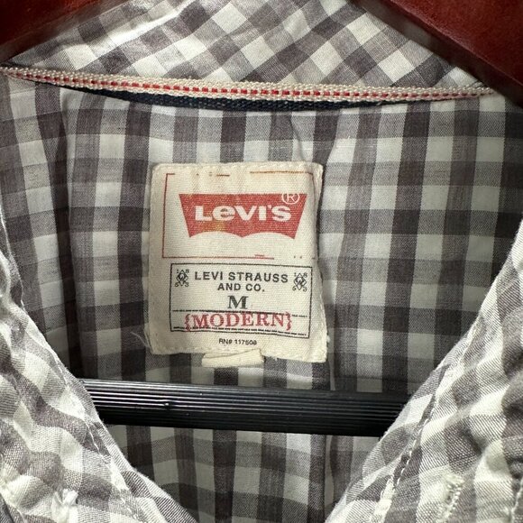 Levis Shirt Mens Medium Gray Gingham Check Long Sleeve Western Pearl Snap Pocket - Picture 3 of 8